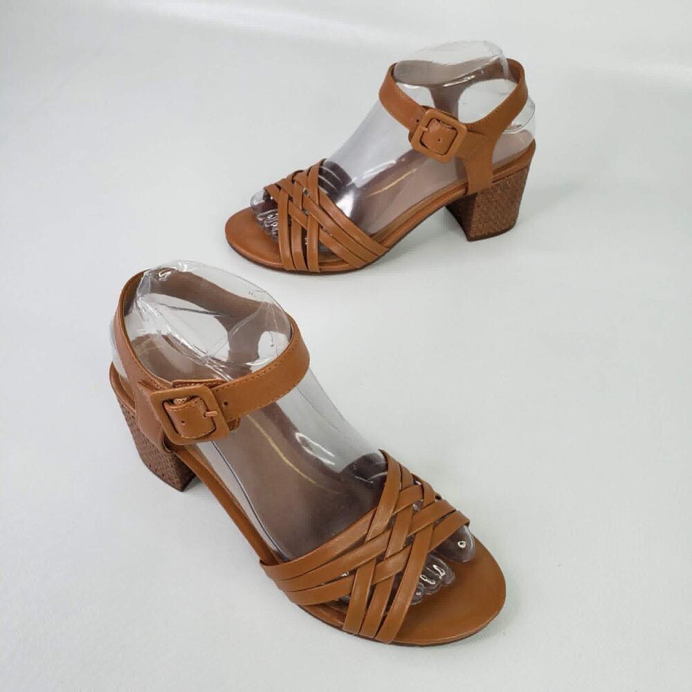 Vionic Tan Leather Block Heel Sandals Ankle Strap Boho Woven Brown Women’s 7